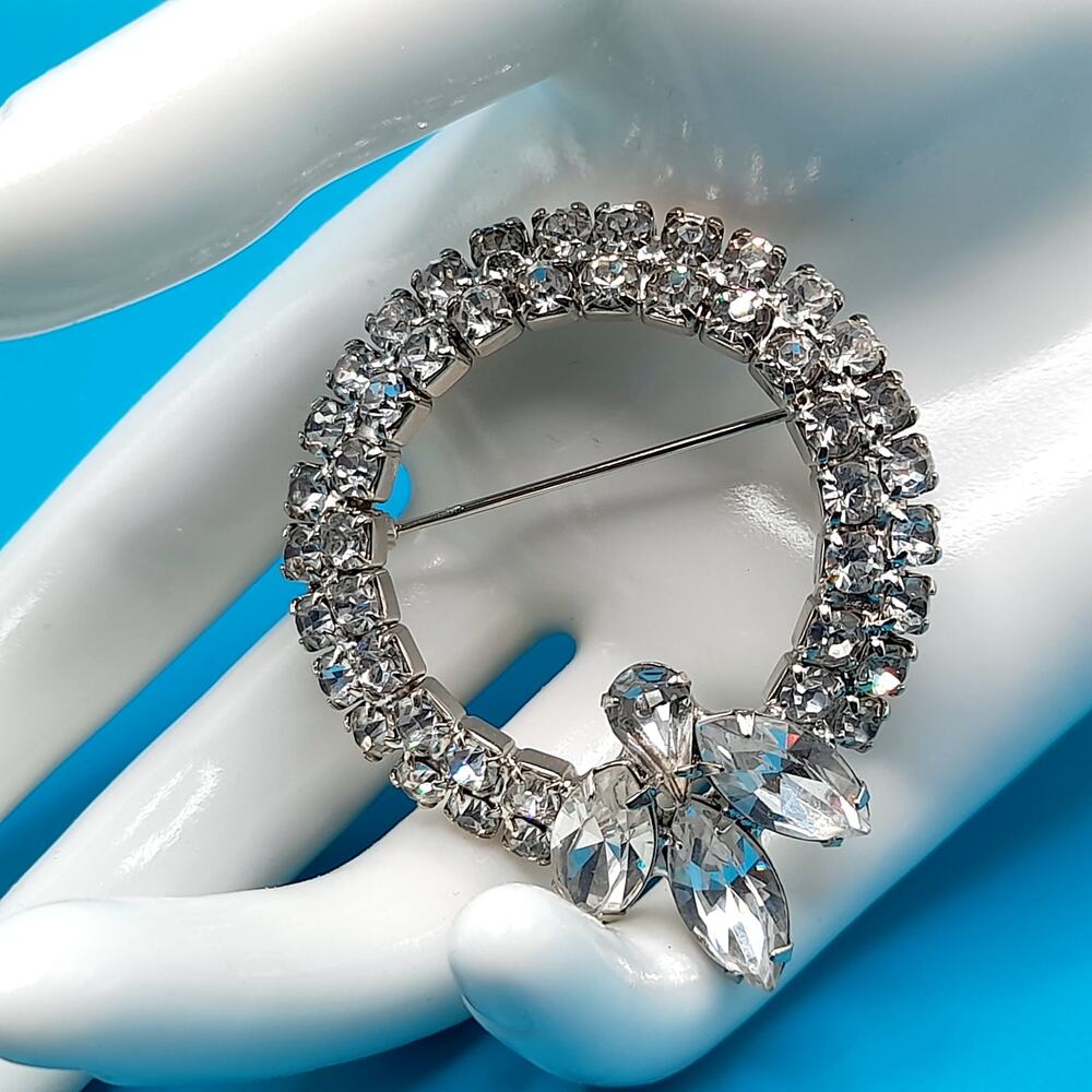 Vintage Winged Insect Wreath Brooch, Rhodium Plated, Clear Rhinestones